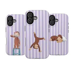 Pastel Purple Striped Curious George Phone Case – Adorable Cartoon Monkey Brushing Teeth, Playing, and Sleeping,  Phone Case Protection, Shockproof For IPhone 17-12, Pro Max, Pro Plus, and Samsung S25 24 23 Safety Case