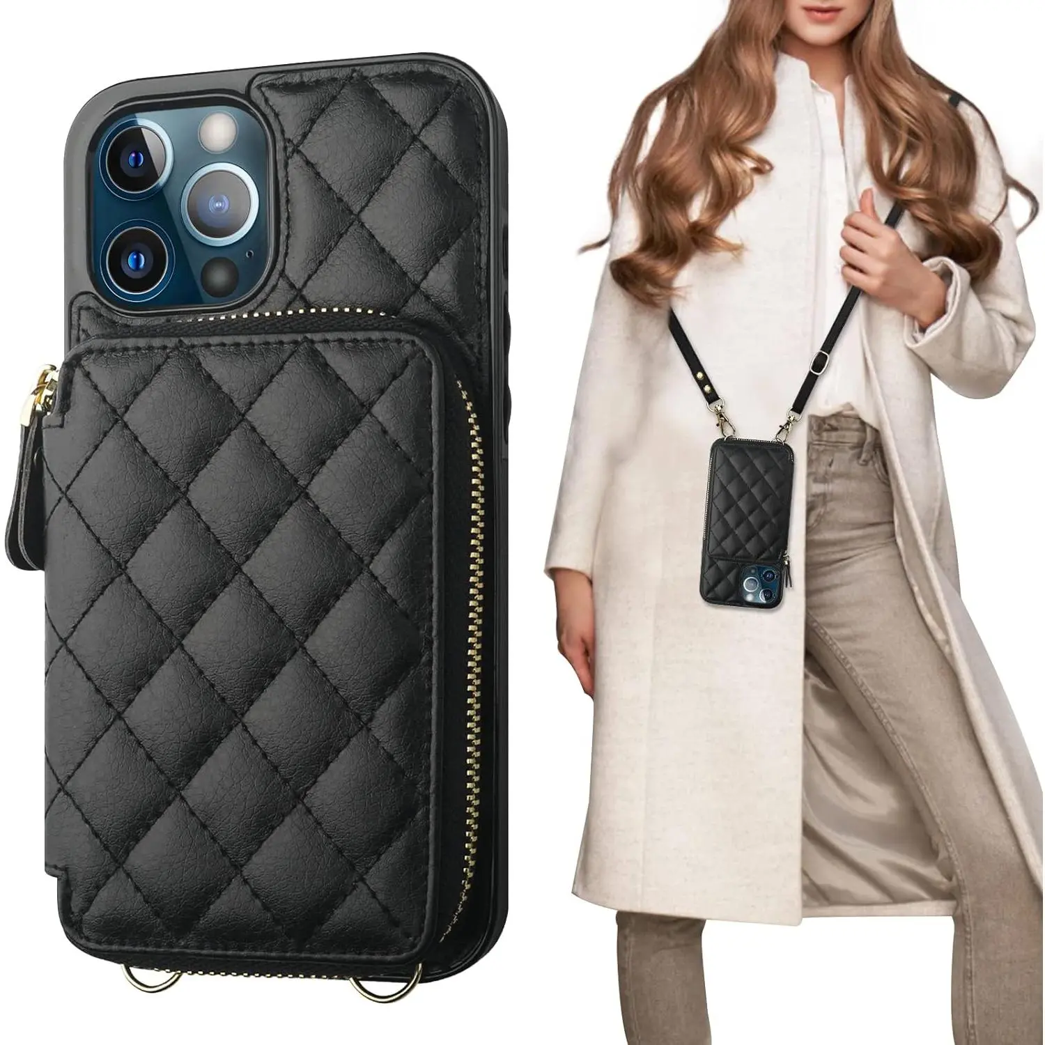 Crossbody Wallet Case for iPhone 12 Pro Max, RFID Blocking PU Leather Zipper Handbag Purse Flip Cover, Kickstand Folio Case with Card Slots Holder Wrist Strap Lanyard 5G 6.7 Inch (Black)