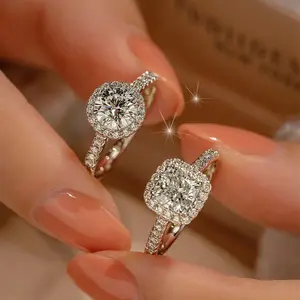 S925 Silver Classic Small Sugar Cube One Carat Simulated Diamond Princess Square Adjustable Ring for Women
