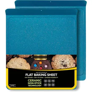 2 count Large Flat Baking Cookie Sheet, 12.5 x 14-inch with a 1.5-inch Handle, Ceramic Non-Stick Coating (Blue Granite)
