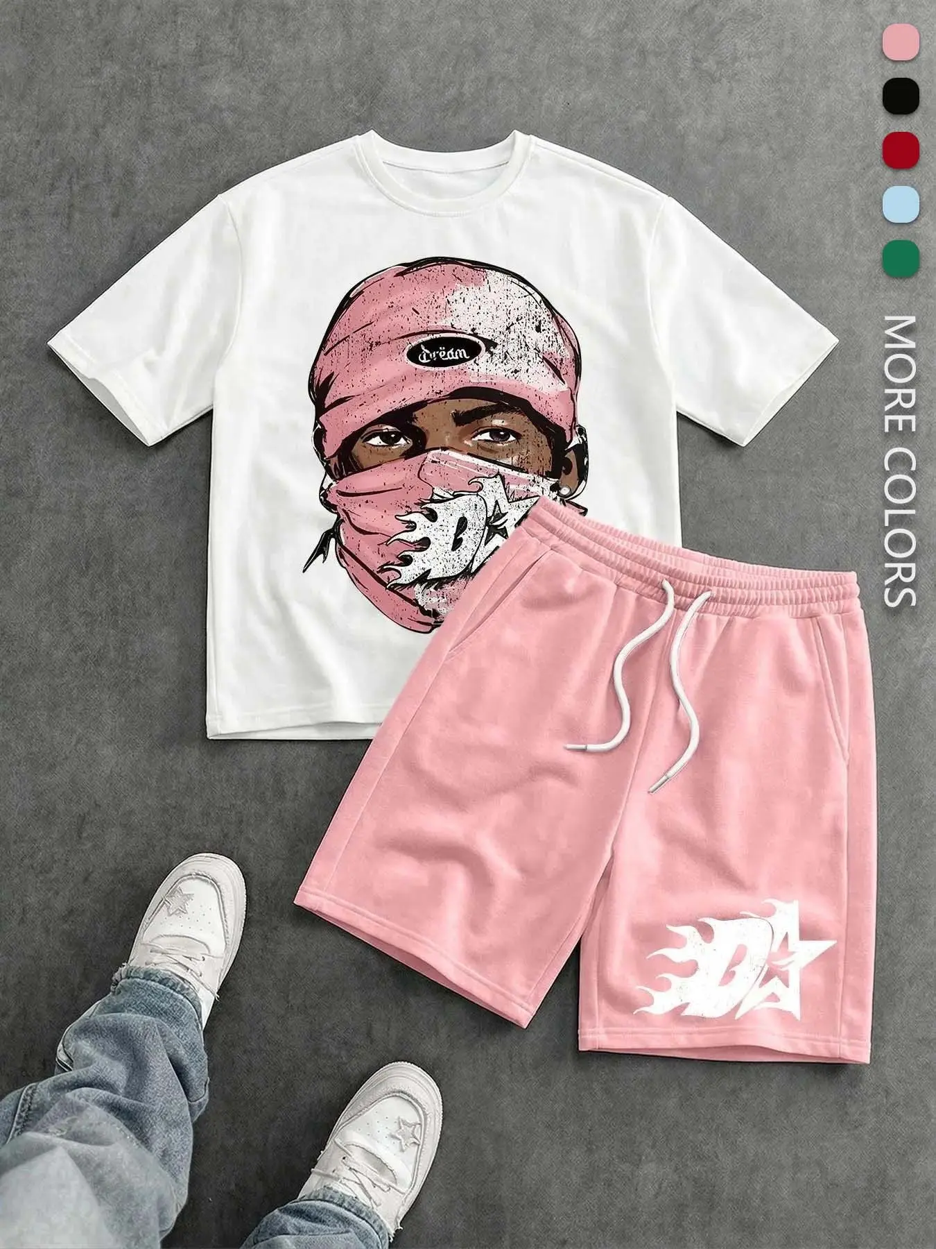 American Style Masked Figure and Flame Print Streetwear Set, T-Shirt and Shorts, Loose-Fit Unisex, Casual Fashion for Daily Wear Man