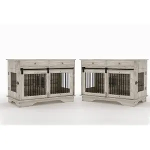 47" XXL Furniture Dog Crate - The Ultimate TV Stand & Pet Mansion! Heavy Duty Wooden Indoor Kennel with Removable Divider for 2 Dogs, Storage Drawers for Pet Supplies, Aesthetic Dog House Table for Dog Moms, Fast Shipping