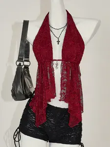 Women's Lace Backless Halter Top Deep V Neck Going Out Top Club Rave