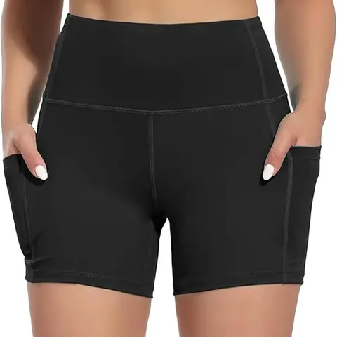 Women's High-Waist Black Yoga Shorts with Pockets - Tummy Control, Stretchy, Durable Polyester/Spandex Blend, Sleek Design, Swimmingshorts for Running & Workout