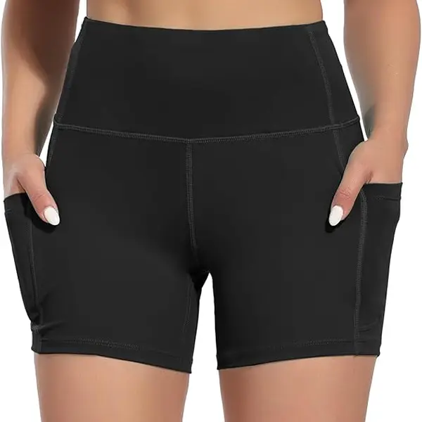 Women's High-Waist Black Yoga Shorts with Pockets - Tummy Control, Stretchy, Durable Polyester/Spandex Blend, Sleek Design, Swimmingshorts for Running & Workout