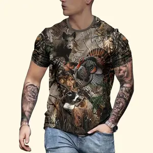 Men's 3D Printed Hunting & Wilderness Camo T-Shirt with Turkey, Deer, Bear & Forest Scenes - Realistic Design, Breathable Round Neck Casual Shirt for Hunting Trips & Casual Attire, Machine Washable Camouflage Apparel