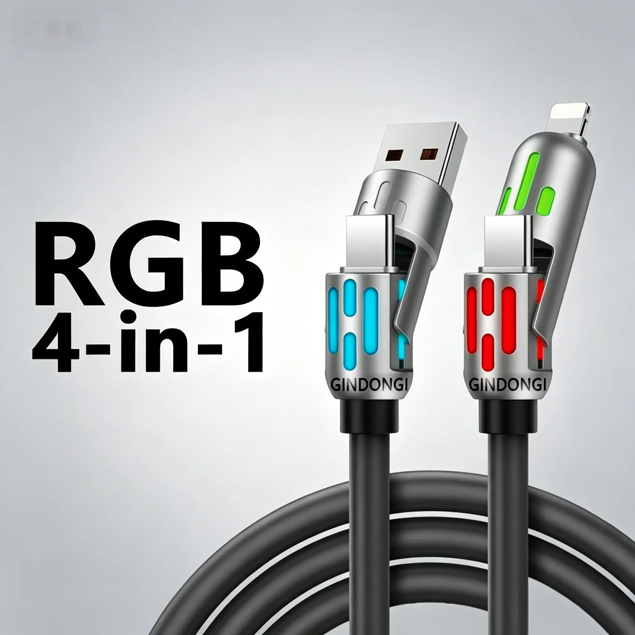 4-in-1 Multi-Functional Electronic USB Cable (USB A-Type C-Lightning) - Fast Charging, Data Sync, Breathing Light Indicator