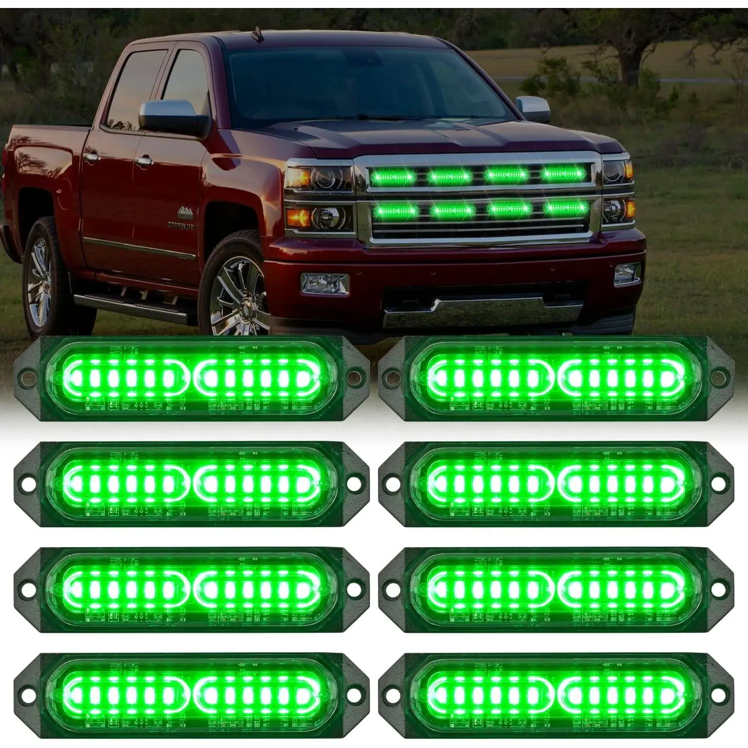 Nilight 8PCS 12LED Green Strobe Led Lights - 12/24 VDC, High Visibility, Mini Ultra-Slim, Aluminum Base Surface Mount Flashing Lights with Sync Feature for Cars, Off Road Vehicles, Led Light