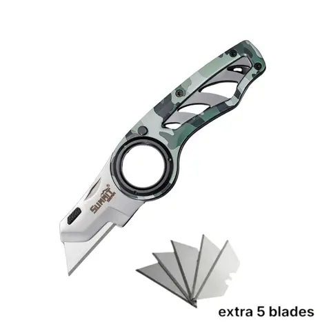 SUMMIT GEAR EDC Camouflage Folding Utility Knife for Adults, Compact Box Cutter with 5 SK5 Replacement Blades, Aluminum Handle, Belt Clip, 3 Lock Positions, Anti-Slip Finger Locking Grip, Lightweight Fishing Whittling Hiking Home Tool