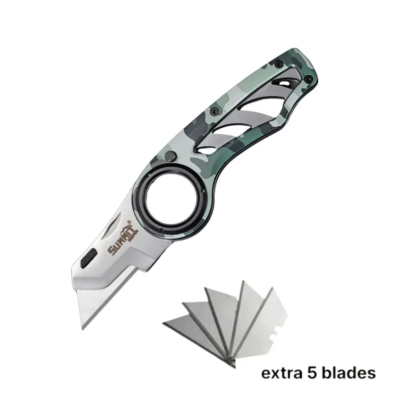 SUMMIT GEAR EDC Camouflage Folding Utility Knife for Adults, Compact Box Cutter with 5 SK5 Replacement Blades, Aluminum Handle, Belt Clip, 3 Lock Positions, Anti-Slip Finger Locking Grip, Lightweight Fishing Whittling Hiking Home Tool