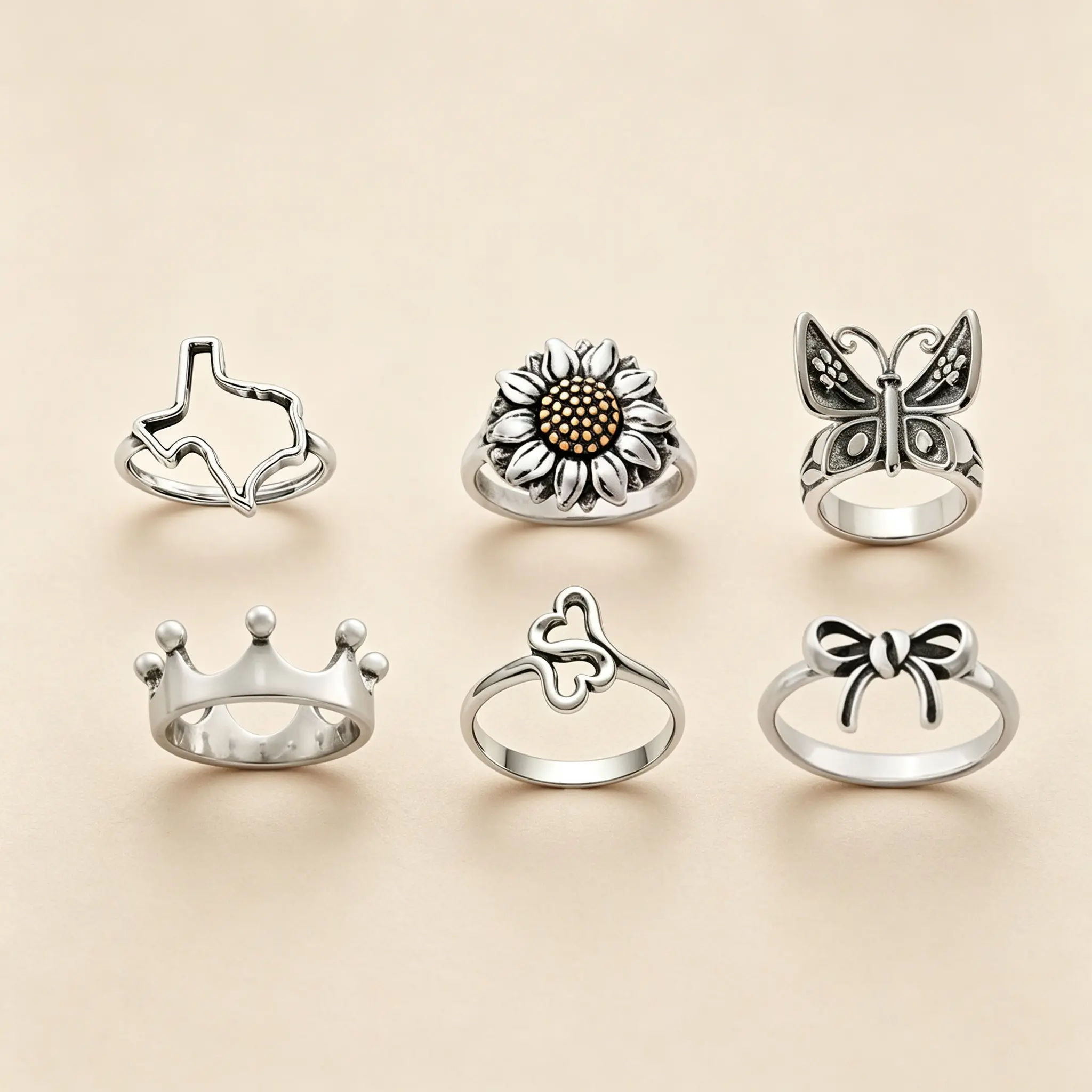 Women's Silver-Plated Stackable Ring - 1Pc Boho Western Vintage Jewelry with Texas Outline, Sunflower, Butterfly, Crown, Double Heart, Bow, Hollow Statement Design, Gift Option
