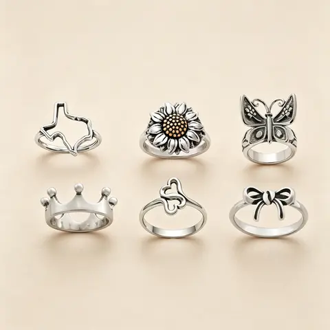 Women's Silver-Plated Stackable Ring - 1Pc Boho Vintage Western Jewelry for Women with Texas Outline, Sunflower, Butterfly, Crown, Double Heart, Bow, Hollow Statement Design, Layered Stack, Mix and Match, Gift Option, Layered Stack Rings