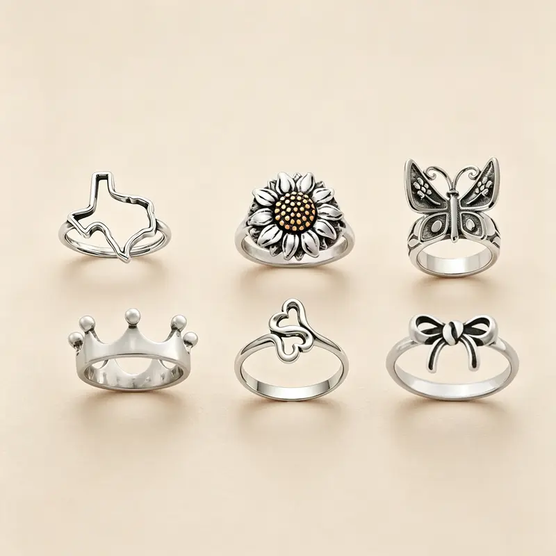 Women's Silver-Plated Stackable Ring - 1Pc Boho Vintage Western Jewelry for Women with Texas Outline, Sunflower, Butterfly, Crown, Double Heart, Bow, Hollow Statement Design, Layered Stack, Mix and Match, Gift Option, Layered Stack Rings