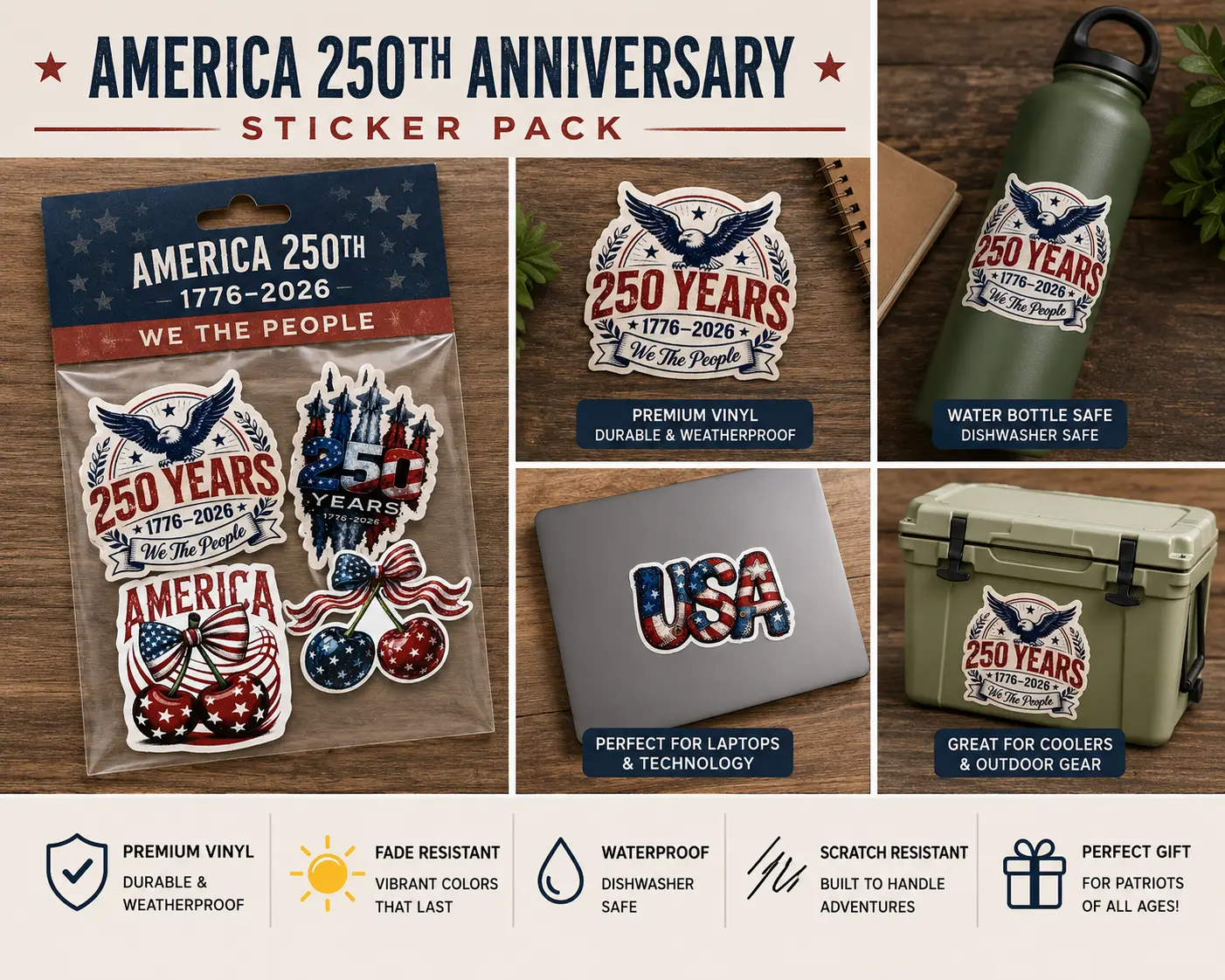 America 250th Anniversary Sticker Pack | Premium Waterproof Vinyl Decals