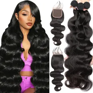 Asakiss Hair Body Wave Bundles Human Hair With Lace Closure 100% Unprocessed Brazilian Virgin Hair Body Wave Straight Bundles Human Hair Quick Weave Extensions Natural Black Brazilian Virgin Hair Bundles Hair Extensions Real Human Hair