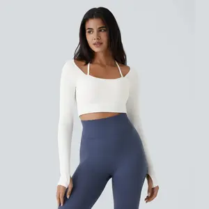 Halara Ribbed Halter Strap Thumb Hole Cropped Yoga Sports Top