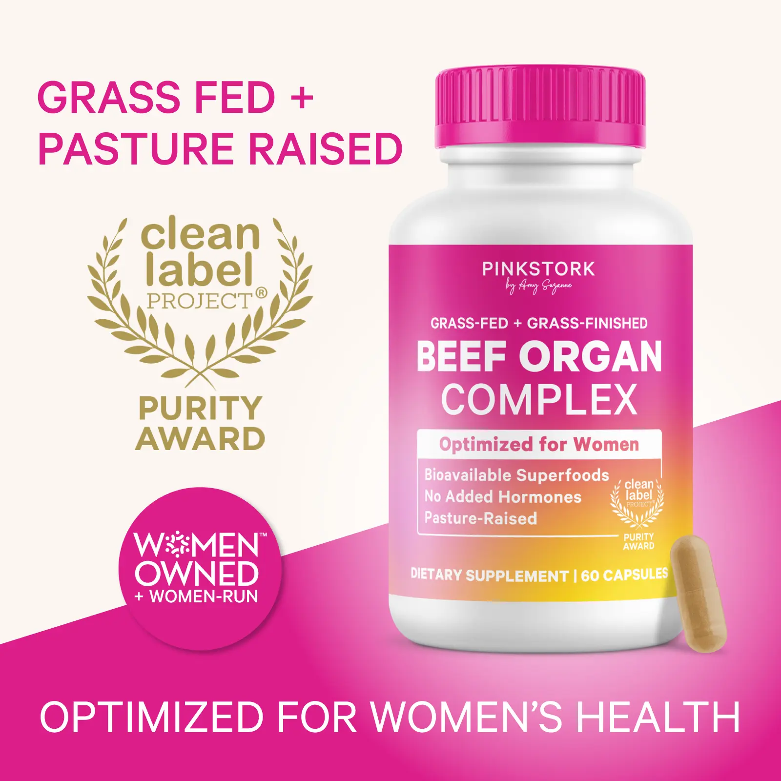 Pink Stork Beef Organ Supplement for Women | Liver, Heart, Ovary, Kidney, Uterus | Grass-Fed | Primal Multivitamin | Iron B12 CoQ10 Vitamin A | 1 Month Supply | Hormone + Energy | 60 Capsules , Vitamins for Women, Healthcare Supplement