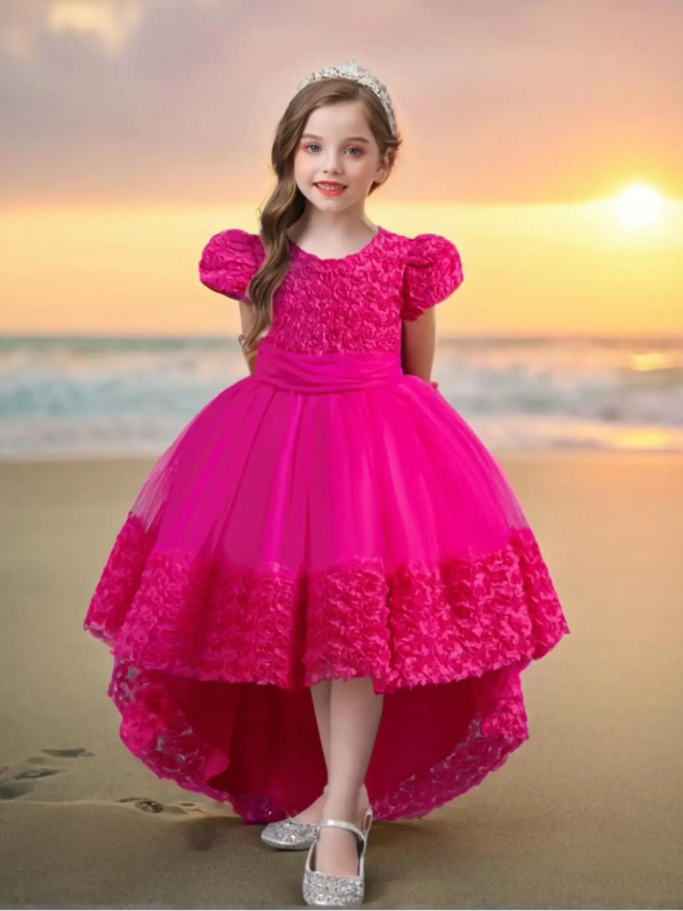Girl's Flower Design Contrast Mesh High Low Hem Party Dress, Elegant Bow Back Puff Sleeve Round Neck Party Gown, Kids Clothes for All Seasons, Princes
