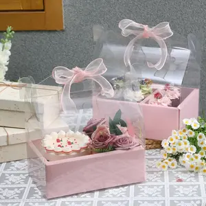 10 Pcs Regular 4 Inch Pink Clear Cake and Flower Boxes with Handle Ribbon, Portable Transparent Gift Packaging for Mother's Day Wedding Birthday Party Floral Arrangement Supplies