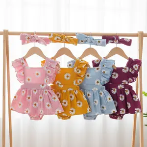 Newborn Baby Girls Daisy Flower Rompers Skirts with Headband,  Bodysuits Clothes and Headdress Outfits