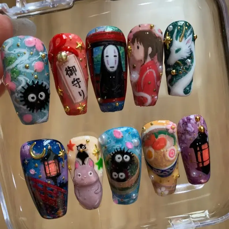 Pastel Ghibli-Inspired Press On False Nails - Soot Sprites, Haku Dragon, Lantern Glow, Dreamy Anime Vibes - Nail Art Decoration Accessory, Artificial Press On False Nails, Decorated Nails