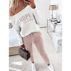 Casual Spring & Fall Two-piece Set, Nope Not Today Print Print Long Sleeve Top & Solid Drawstring Pants Outfits, Women's Clothing