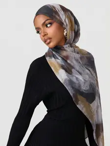 Women's Elegant Printed Hijab Scarf, Breathable Long Beach Shawl, Muslim Fashion Daily Wear, Stylish Balinese Silk Headscarf For Muslim, Modesty