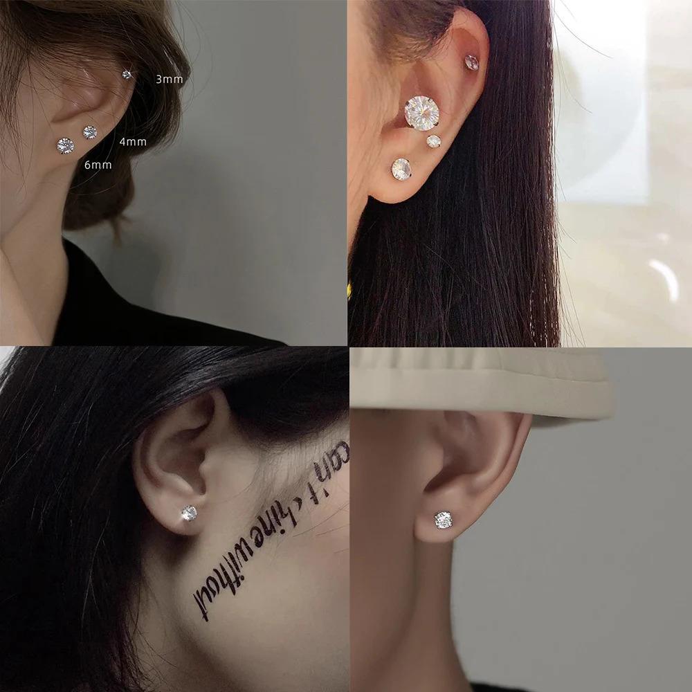 1Pairs/2Pcs Stainless Steel Crystal Studs Earrings For Women Men 4 Prong Tragus Round Clear Cubic Zirconia Ear Jewelry