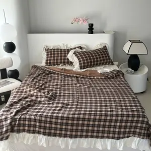 3-Piece Korean Ruffle Vintage Plaid Soft Bedding Set, Includes Duvet Cover & 2Pillowcases, Girls Room Decor, Single Twin Double Queen Sizes