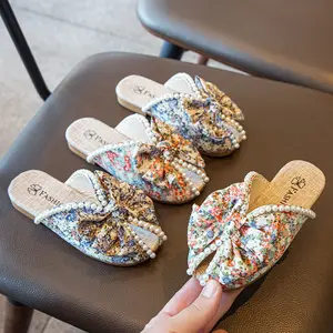 Women's Floral Print Pearl Bow Mules |     Fashionable Open-Toe Slide Sandals for Summer