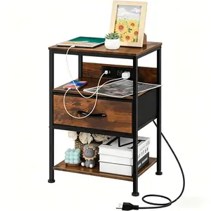 Nightstand with Charging Station, 3-Tier End Table with USB Ports & Outlets, Industrial Bedside Table with Fabric Drawer, Rustic Brown Side Table for Bedroom Living Room Small Spaces