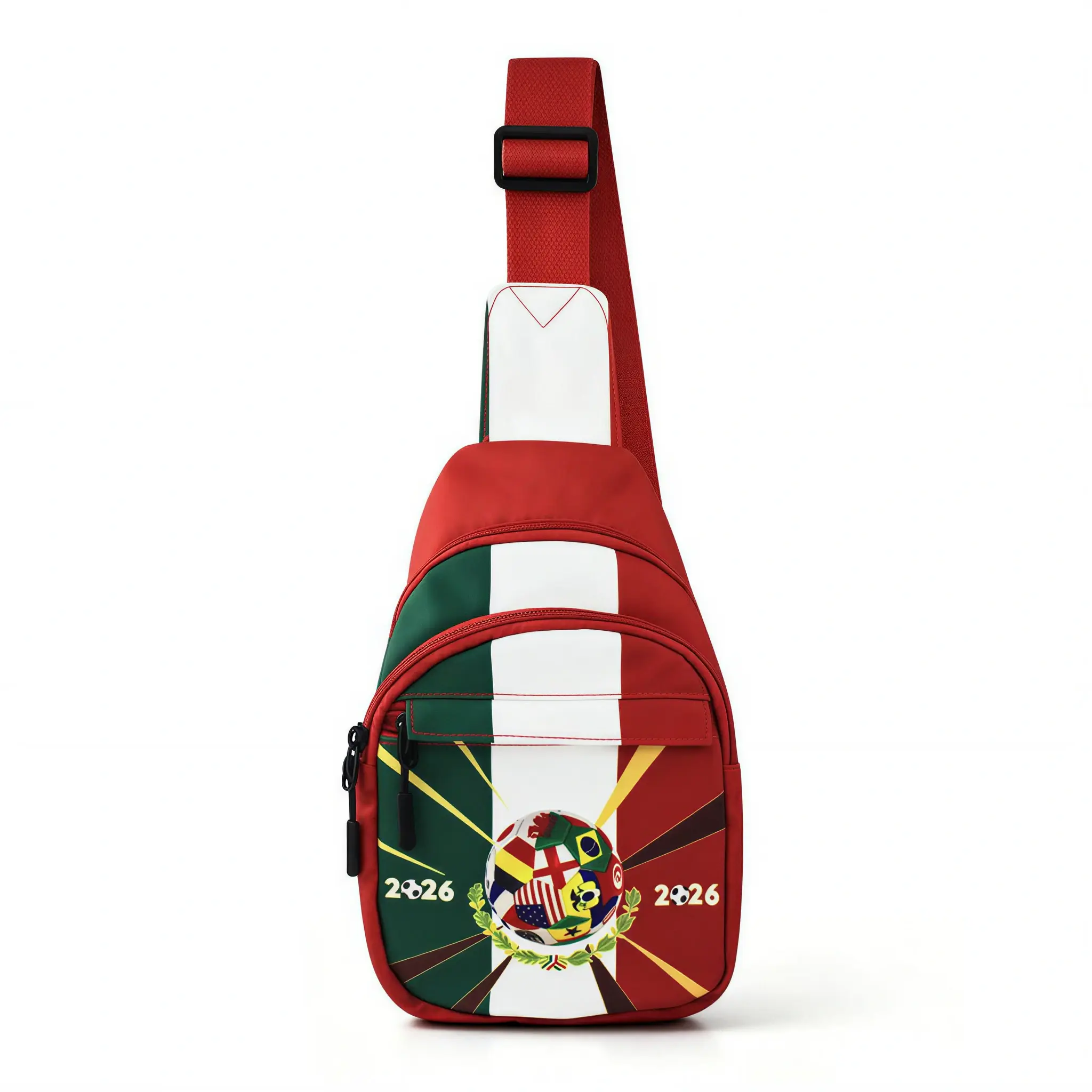 2026 New Soccer Fan Sling Bag - Colorful Soccer-Themed Front Graphic, Red Green White Crossbody Chest Bag with Adjustable Strap, Buckle, Multi-Zip Pockets, Casual Party Gift for Match-Day Gatherings