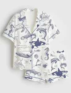 Women Ocean Sea Life Pajama Set Vintage Whale Dolphin Orca Seahorse Turtle Jellyfish Navy Print Comfy Loose Short Sleeve Shorts Summer Sleepwear