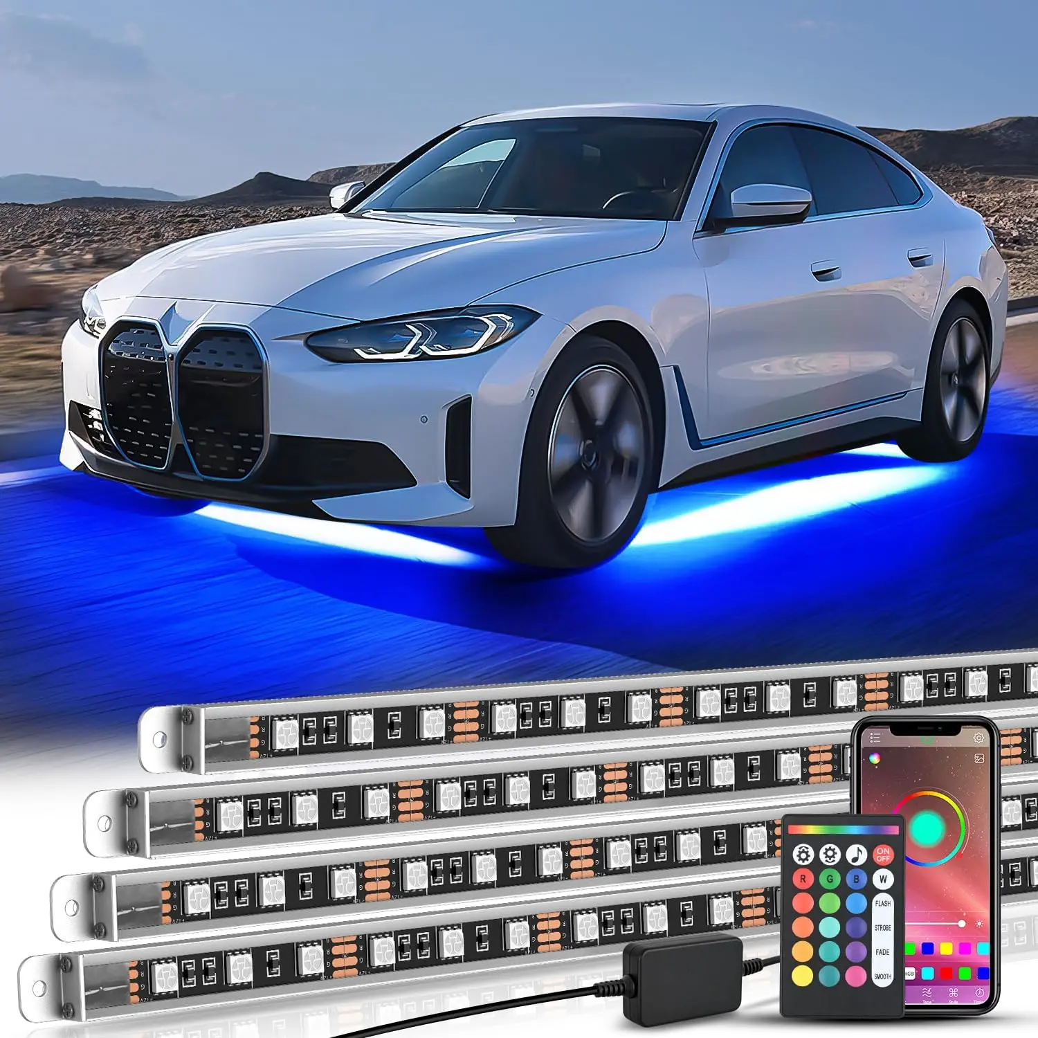 Nilight 4Pcs Aluminum Underglow Neon Accent LED Strip Lights - Car Accessories, 396-LED RGB Wireless Door Courtesy Underbody Light Stripes & Kits, APP/Remote Control, Sound-Active Music Mode, 4-Way Flat Connector, Rain-Resistant for Cars/Trucks