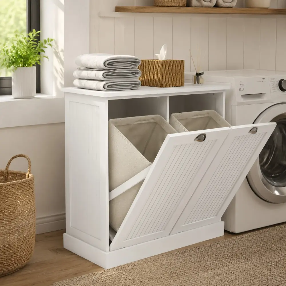 Littleox Two-Compartment Tilt-Out Laundry Sorter Cabinet-White
