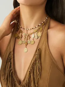 Bohemian Merlot Color Copper Coin Beaded Necklace Set, Elegant Light Luxury Jewelry for Women, Perfect Gift for Parties and Holidays