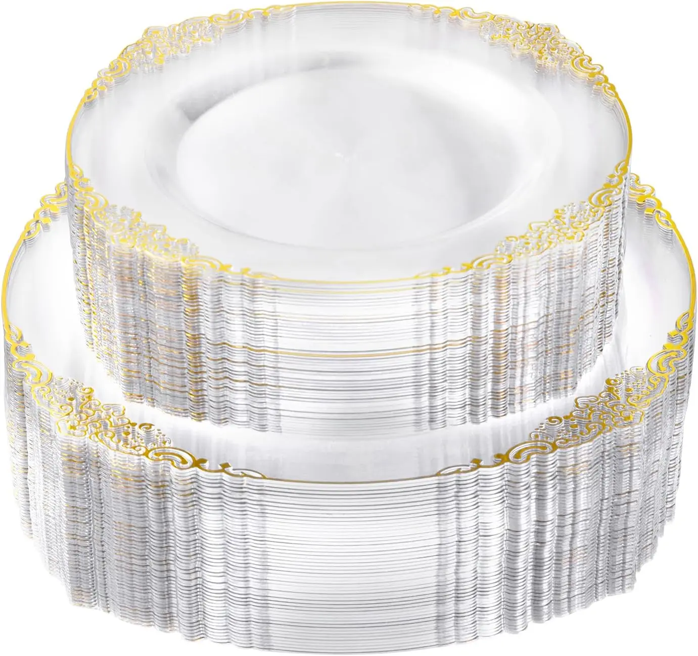 Goodluck 100Pcs Clear & Gold Plastic Plates for 50 Guests | Clear Disposable Dish Set Includes 50 Dinner Plates & 50 Dessert Plates for Party, Wedding & Events