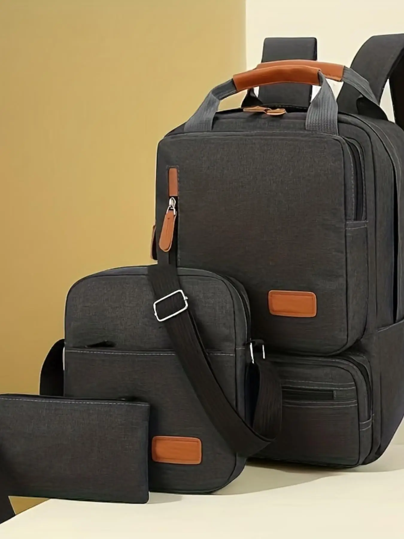 3pcs Men's Business Casual Colorblock Zipper Backpack Set, Business Laptop Bag with Shoulder Strap, Wrist Bag, Backpack, Perfect Bag For Student & Men