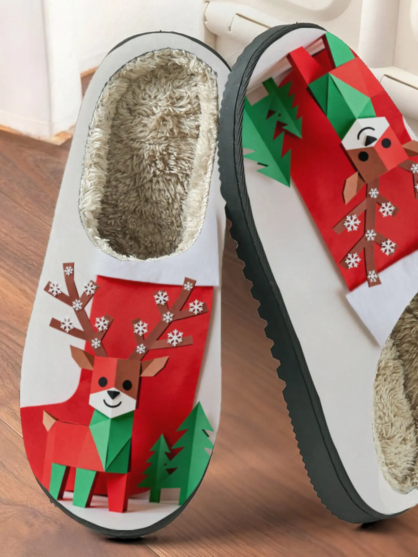 Foldable Deer Christmas Slippers, Faux Fur Lined Anti-Slip Thick Sole, Home Party Footwear for Fall & Winter, Animal Pattern Design