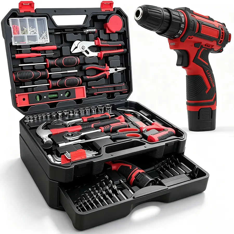 321-Piece Tool Set Kit with 12V Cordless Power Drill Professional tool kit with storage case for homeowners, DIY and handymen; ideal for home repairs, assembly and maintenance.