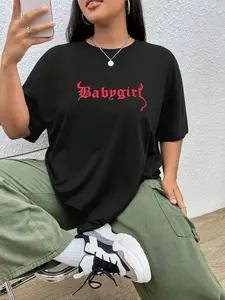 Women's Letter Print Drop Shoulder Round Neck Tee, Summer Clothes Women, Fashion Stylish Casual Crew Neck Half Sleeve T-Shirt for Summer, Women Clothes for Daily Wear