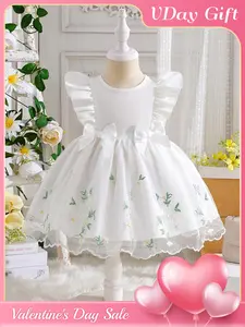 Summer Fashion Dress for Girls, Forest style Flower Fairy Princess Style, White Embroidered Mesh Skirt for Baby Girls, Double layered Flying Sleeves, Double Bow Knots, Fresh Flower Embroidery, Valentine's Day Gift, Birthday Dresses