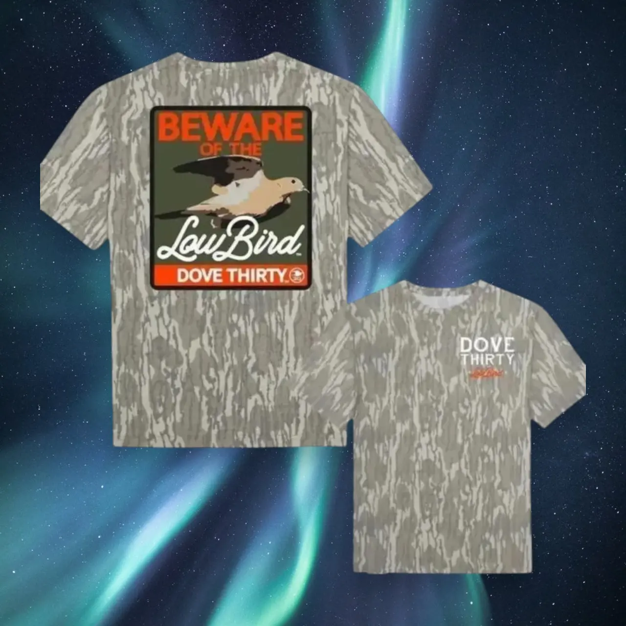 Dove & Duck Hunting Camo Shirt, Full Print Woodland Camouflage T-Shirt with Low Bird Graphic, Short Sleeve Outdoor Hunting Tee, Waterfowl Country Apparel, Hunter Gift for Dad, S-5XL