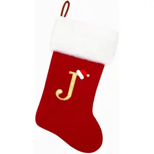 20 Inches Red Velvet with White Super Soft Plush Cuff Monogram Christmas Stockings, Xmas Personalized Embroidered Letter Stockings for Family Holiday Decorations and Xmas Tree Fireplace（J）