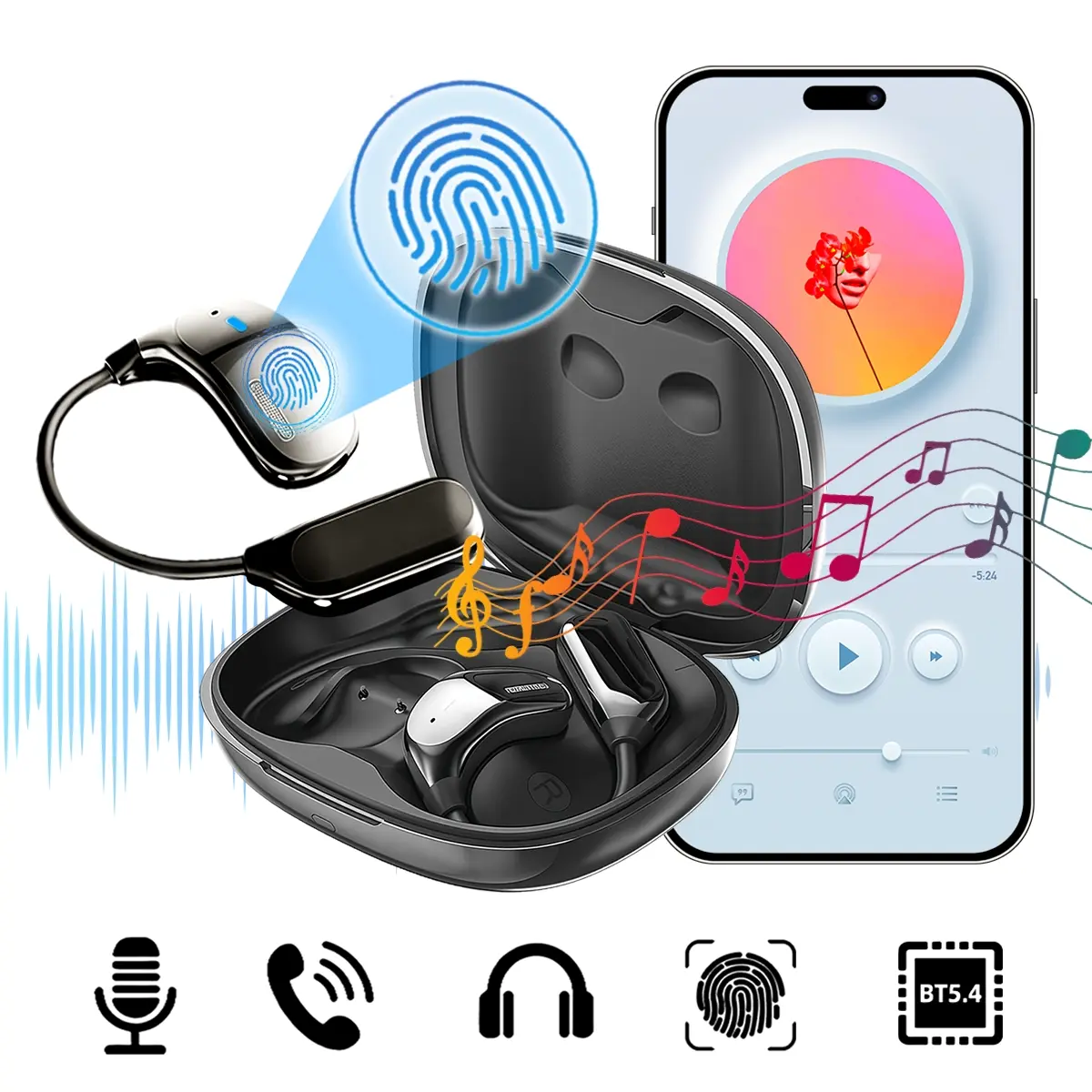 Open Ear Bluetooth Headphones, Wireless Earbuds with LCD Full Color Touch Screen Display, ENC Call Noise Cancelling, 30H Stereo Playtime , for iOS, Android, Sports & Workout, Touchscreen Earbuds