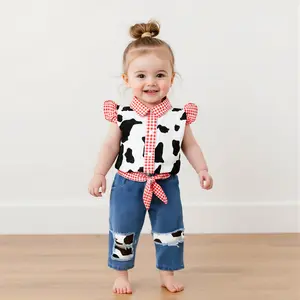 Toddler Girl's Cow Print Western Outfit Set, Plaid Collar Ruffle Sleeve Top with Distressed Denim Jeans, 2-Piece Cute Cowboy Style Clothes for Kids' Casual & Theme Party Wear