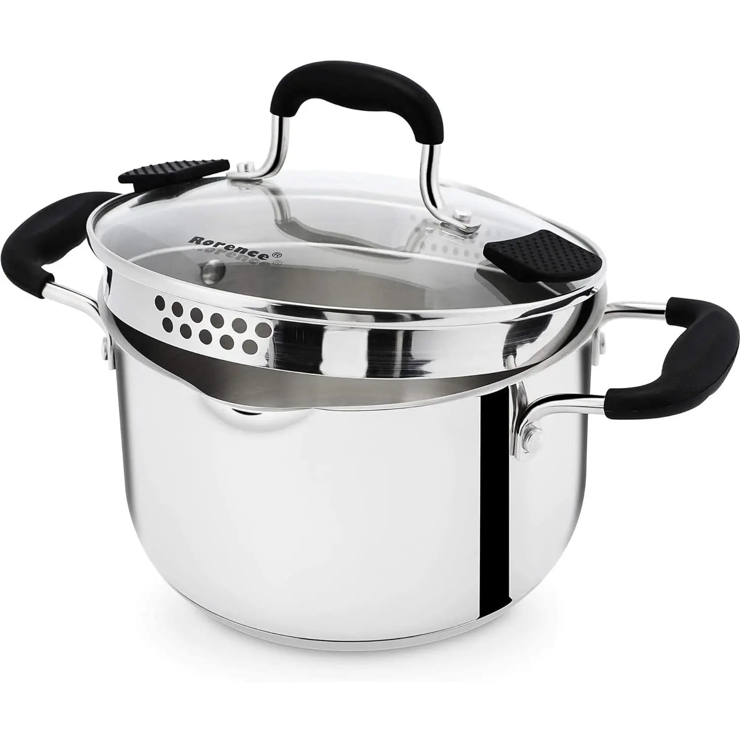 Stainless Steel Stock Pot with Pour Spout & Silicone Handles & Glass Lid with Strainer - 3.7 Quart