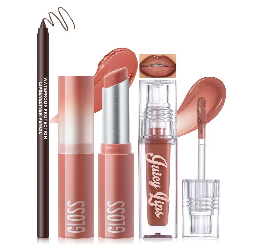 Noerrors 3Pcs Lip Combo Set, Lip Kit with Brown Plumping Lip Liner & Nourishing Lipstick & Nude Glossy Lip Gloss, Long-Lasting, Lightweight, Non-Sticky, Juicy Nude Pink Lip Contour Trio Set for Women