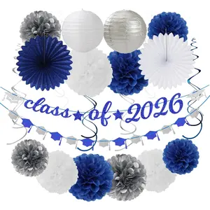2026 Blue Class-Congratulations Prom Graduation Party-Decorations - 22 count High School College Grad Supplies Decor,Royal Navy White  Tissue Pom Poms Streamers, Paper  Lanterns