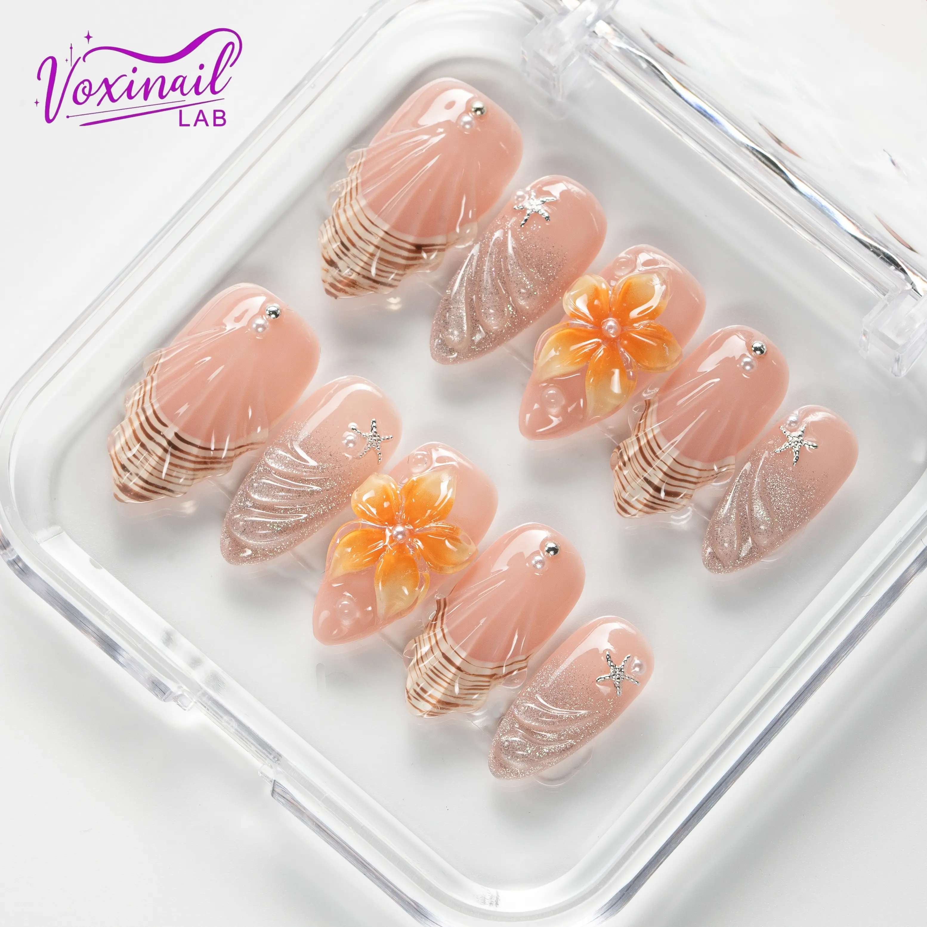 Voxinail Lab | Peach Glaze Shell | Handmade Almond Press-On Nails | Acrylic, Reusable, Long-Lasting